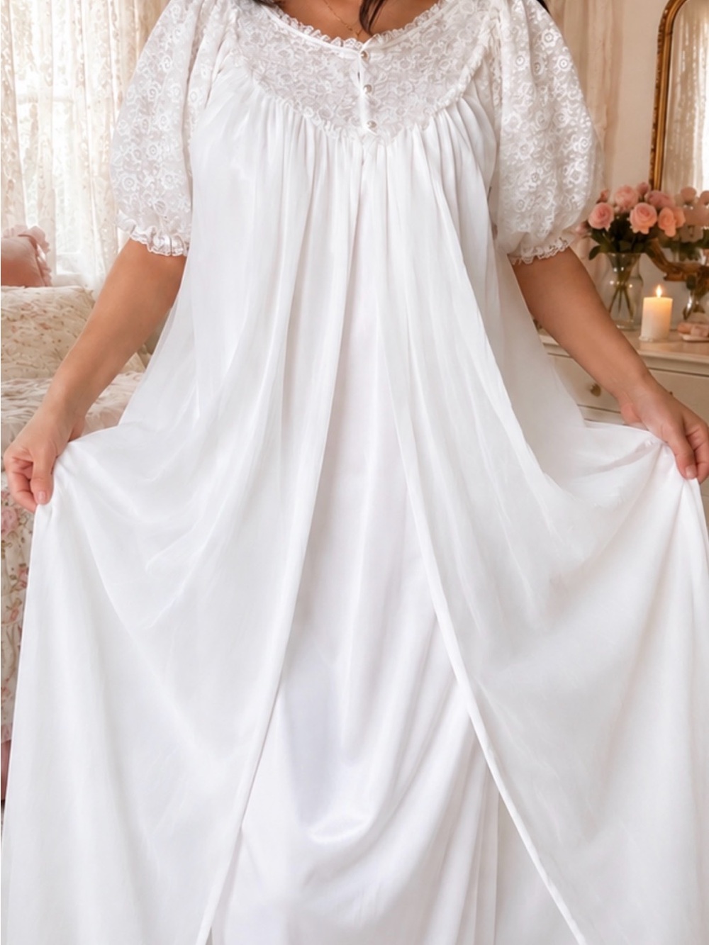 Vintage Women’s White Lace Peignoir Nightgown Set